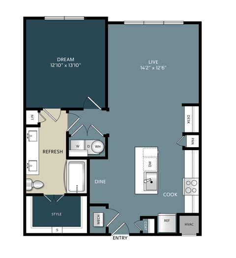 Floor plan for 1 bed, 1 bath, 871 sqft